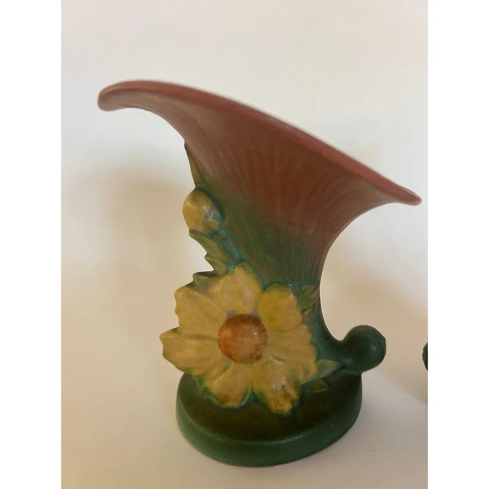 2 ROSEVILLE Pottery Peony Cornucopia Horn of Plenty USA Vintage Art Deco